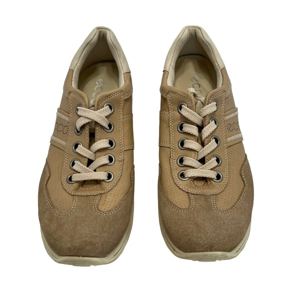 Ecco Mobile II Womens Beige Leather Lace Up Perforated Sneakers Shoes